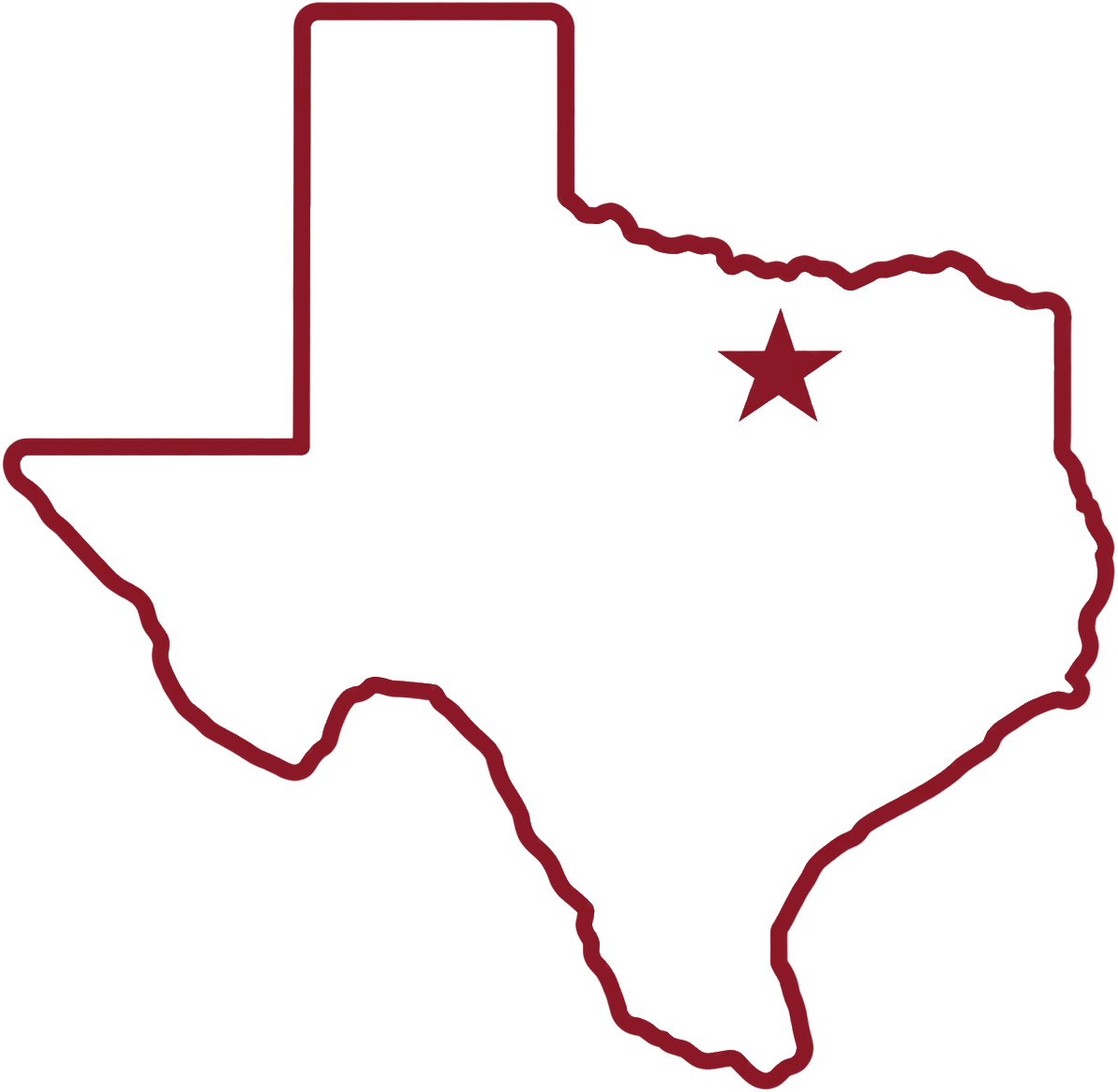 Texas outline with DFW star